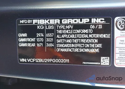 2023 Fisker Ocean One from USA, damaged, VIN VCF1ZBU29PG002011